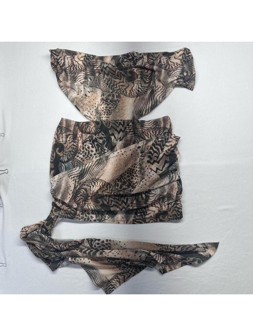 Murci Animal Print Mesh 2 Piece Set Womens US 10 Brown Ruched Mini Skirt Bandeau